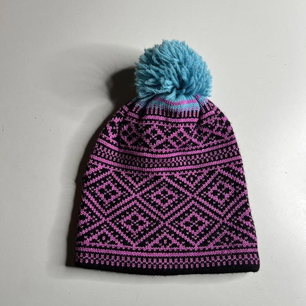 Vintage Herman's Beanie Hat Unisex One Size Pink Wool Knit‎ Pom Geometric Winter